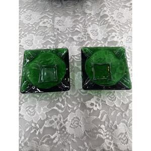 Vintage Anchor Hocking Set of 2 Emerald Green Glass Square Ashtrays Pontil